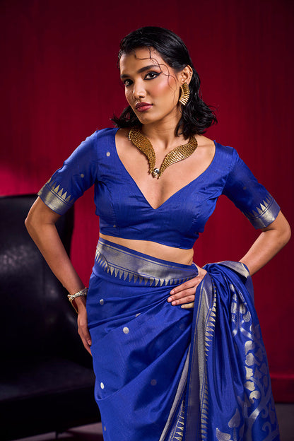 Monjolika Fashion Royal Blue Weaving Satin Linen Silk Saree