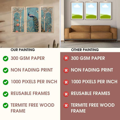Pichwai Wall Art Painting Set of 3 | Acrylic on 300 GSM Paper | 10 x 19 Inches | Framed with Wooden Backing