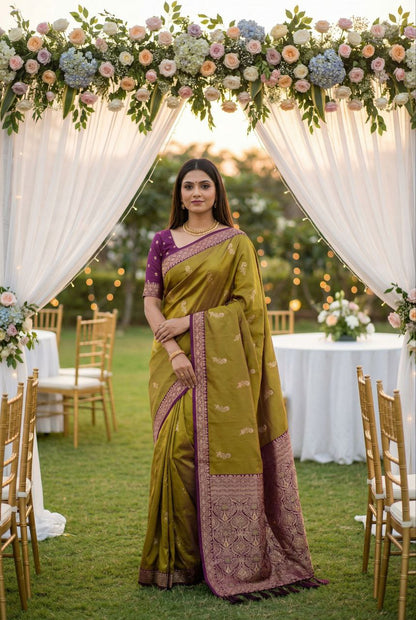 Mameraa Sarees Olive Green Soft Silk Blend Saree With Zari Weaving Meenakari Design-Olive