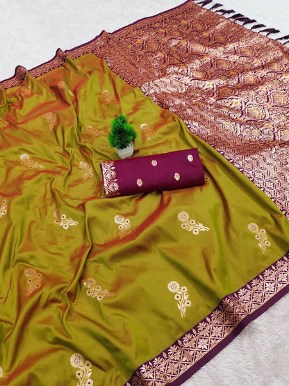 Mameraa Sarees Olive Green Soft Silk Blend Saree With Zari Weaving Meenakari Design-Olive