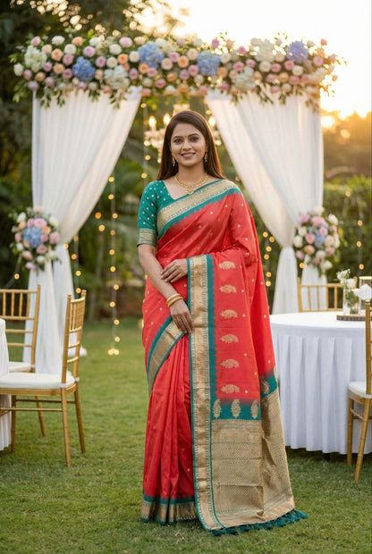 Mameraa Sarees Peach Soft Silk Blend Saree With Zari Weaving Meenakari Design-Peach