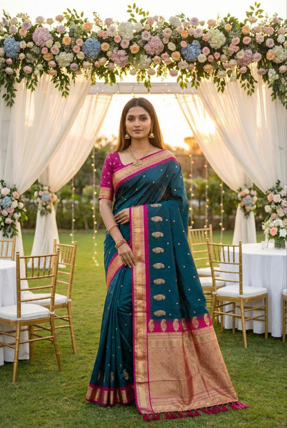Mameraa Sarees Teal Soft Silk Blend Saree With Zari Weaving Meenakari Design-Teal