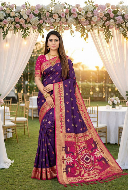 Mameraa Sarees Purple Soft Saree With Zari Weaving Meenakari Rich Pallu And Unique Ikkat Border-Purple