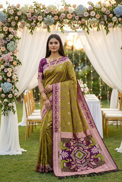 Mameraa Sarees Mustard Soft Saree With Zari Weaving Meenakari Rich Pallu And Unique Ikkat Border-Mustard