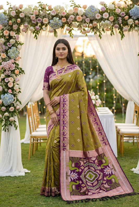 Mameraa Sarees Mustard Soft Saree With Zari Weaving Meenakari Rich Pallu And Unique Ikkat Border-Mustard