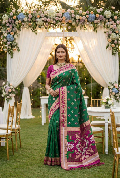 Mameraa Sarees Rama Soft Saree With Zari Weaving Meenakari Rich Pallu And Unique Ikkat Border-Sea_Green