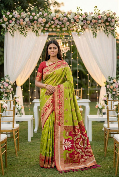 Mameraa Sarees Green Soft Saree With Zari Weaving Meenakari Rich Pallu And Unique Ikkat Border-Parrot_Green