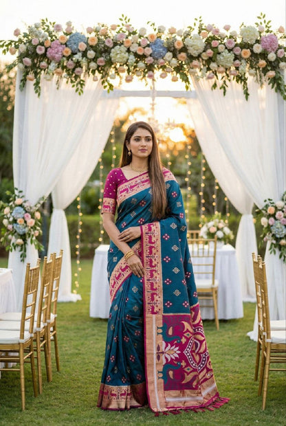 Mameraa Sarees Teal Soft Saree With Zari Weaving Meenakari Rich Pallu And Unique Ikkat Border-Teal