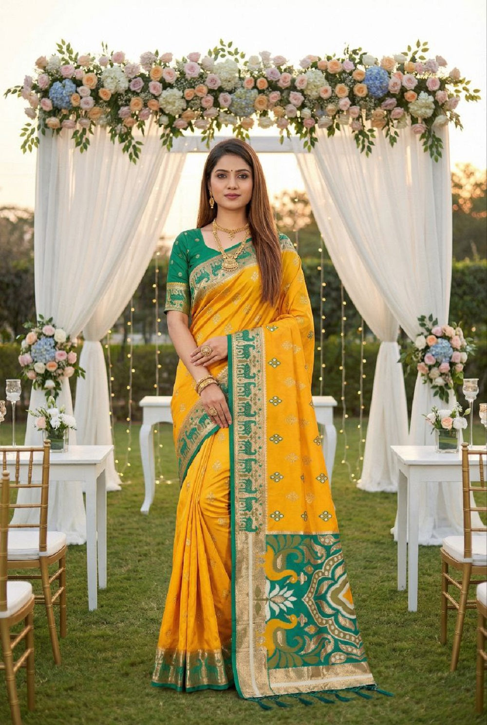 Mameraa Sarees Yellow Soft Saree With Zari Weaving Meenakari Rich Pallu And Unique Ikkat Border-Yellow