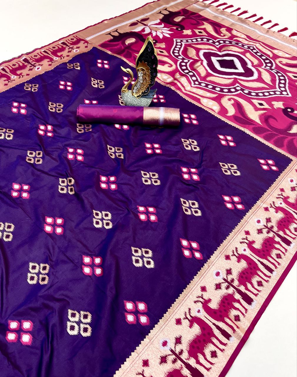 Mameraa Sarees Purple Soft Saree With Zari Weaving Meenakari Rich Pallu And Unique Ikkat Border-Purple