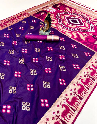 Mameraa Sarees Purple Soft Saree With Zari Weaving Meenakari Rich Pallu And Unique Ikkat Border-Purple