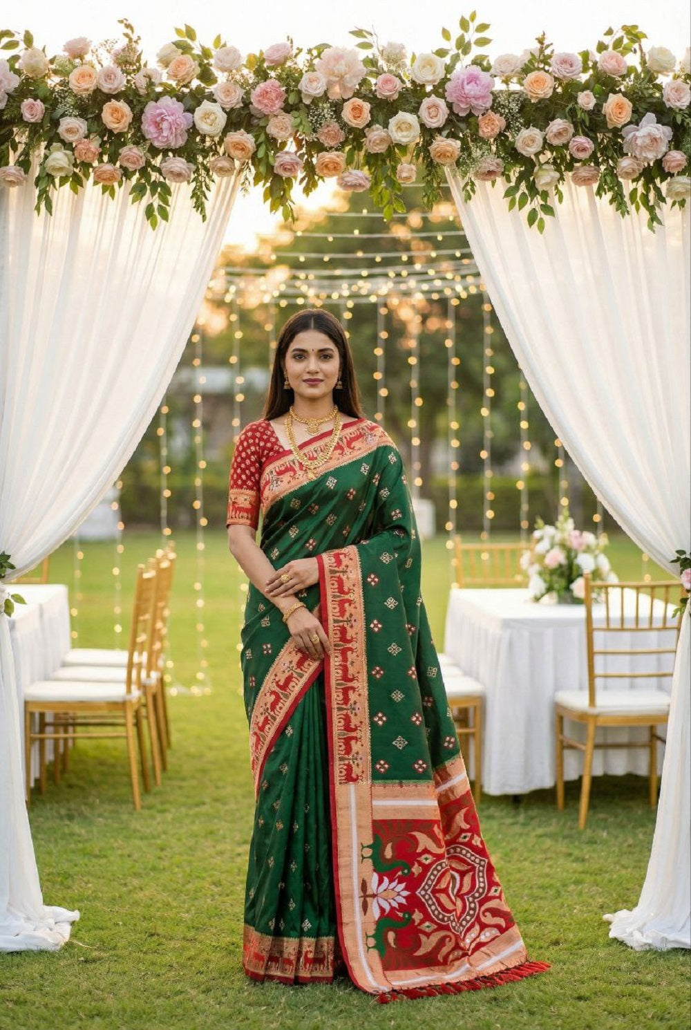 Mameraa Sarees Green Soft Saree With Zari Weaving Meenakari Rich Pallu And Unique Ikkat Border-Green