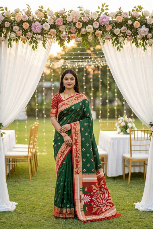Mameraa Sarees Green Soft Saree With Zari Weaving Meenakari Rich Pallu And Unique Ikkat Border-Green
