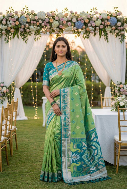 Mameraa Sarees Green Soft Saree With Zari Weaving Meenakari Rich Pallu And Unique Ikkat Border-Light_Green