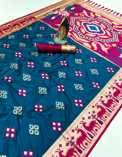 Mameraa Sarees Teal Soft Saree With Zari Weaving Meenakari Rich Pallu And Unique Ikkat Border-Teal