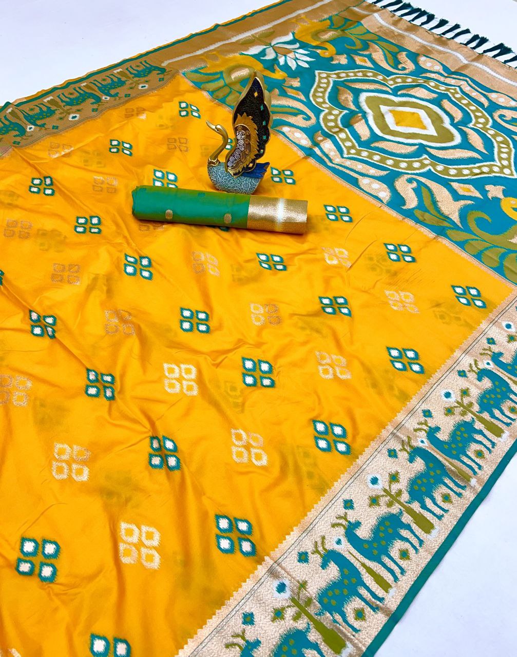 Mameraa Sarees Yellow Soft Saree With Zari Weaving Meenakari Rich Pallu And Unique Ikkat Border-Yellow