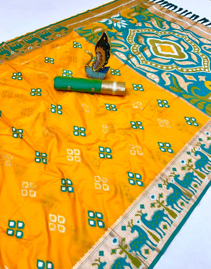 Mameraa Sarees Yellow Soft Saree With Zari Weaving Meenakari Rich Pallu And Unique Ikkat Border-Yellow