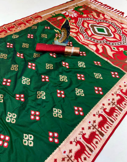 Mameraa Sarees Green Soft Saree With Zari Weaving Meenakari Rich Pallu And Unique Ikkat Border-Green