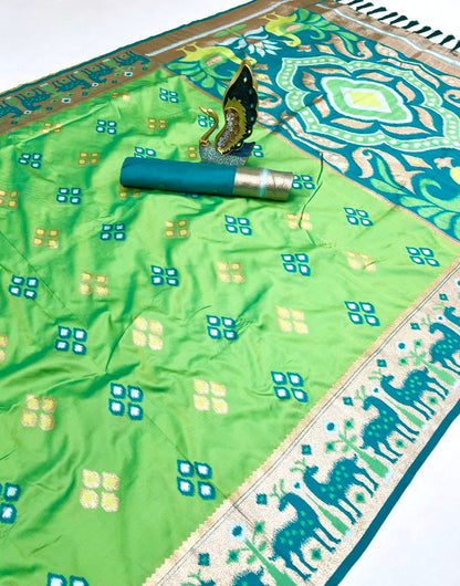Mameraa Sarees Green Soft Saree With Zari Weaving Meenakari Rich Pallu And Unique Ikkat Border-Light_Green