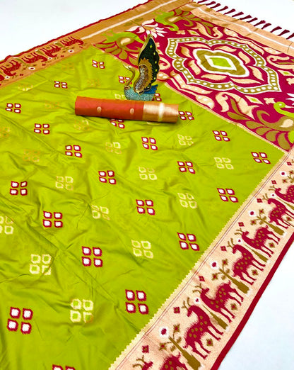 Mameraa Sarees Green Soft Saree With Zari Weaving Meenakari Rich Pallu And Unique Ikkat Border-Parrot_Green
