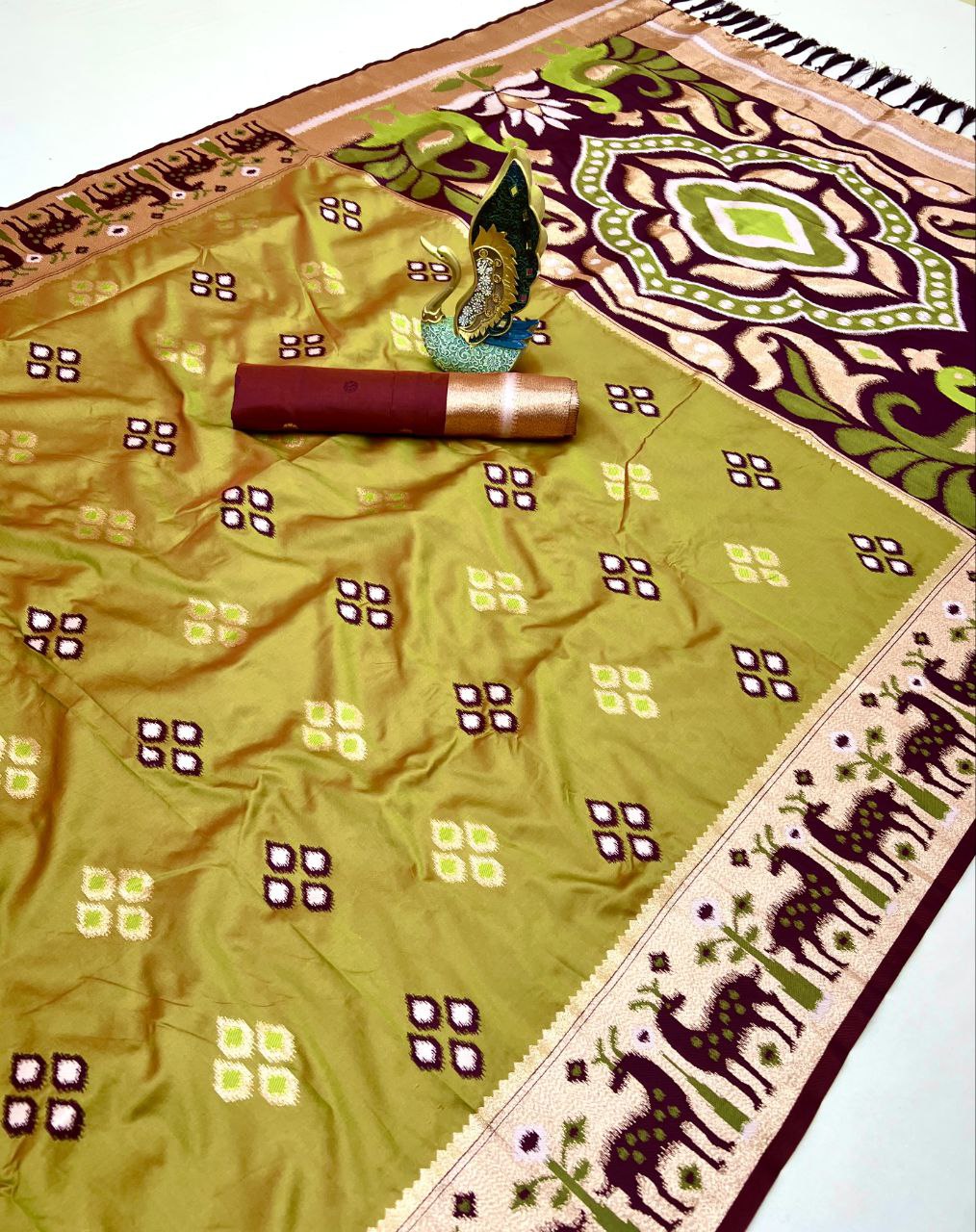 Mameraa Sarees Mustard Soft Saree With Zari Weaving Meenakari Rich Pallu And Unique Ikkat Border-Mustard