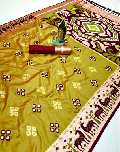 Mameraa Sarees Mustard Soft Saree With Zari Weaving Meenakari Rich Pallu And Unique Ikkat Border-Mustard