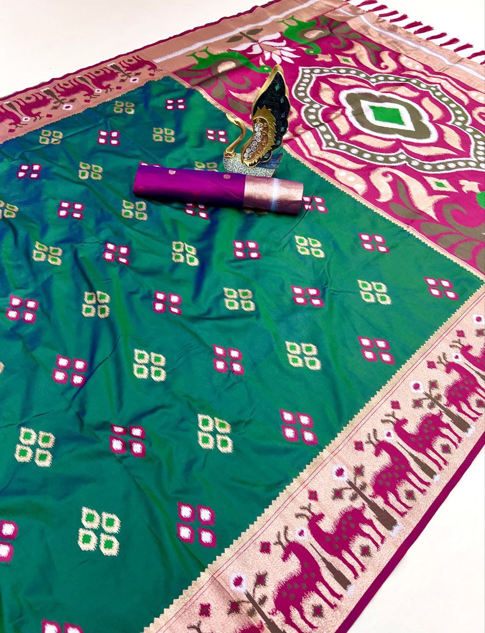 Mameraa Sarees Rama Soft Saree With Zari Weaving Meenakari Rich Pallu And Unique Ikkat Border-Sea_Green