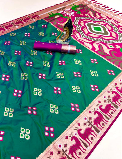 Mameraa Sarees Rama Soft Saree With Zari Weaving Meenakari Rich Pallu And Unique Ikkat Border-Sea_Green