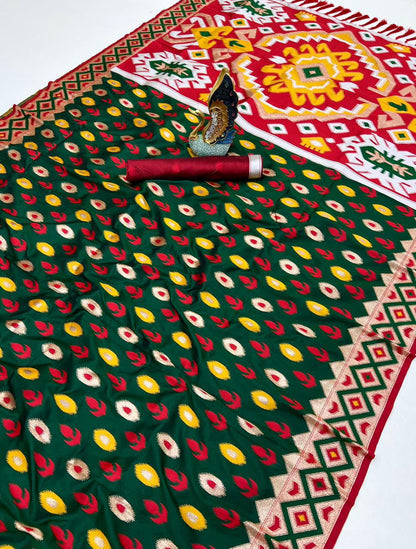 Mameraa Sarees Green Soft Saree With Zari Weaving Meenakari Rich Pallu And Unique Ikkat Border-Dark_Green