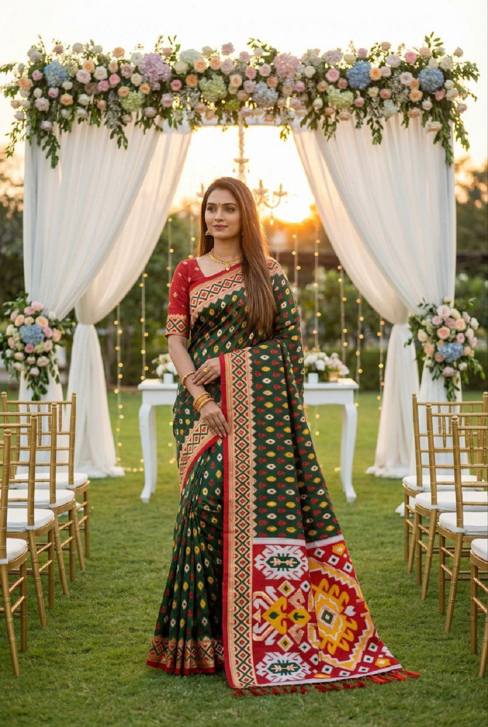 Mameraa Sarees Green Soft Saree With Zari Weaving Meenakari Rich Pallu And Unique Ikkat Border-Dark_Green