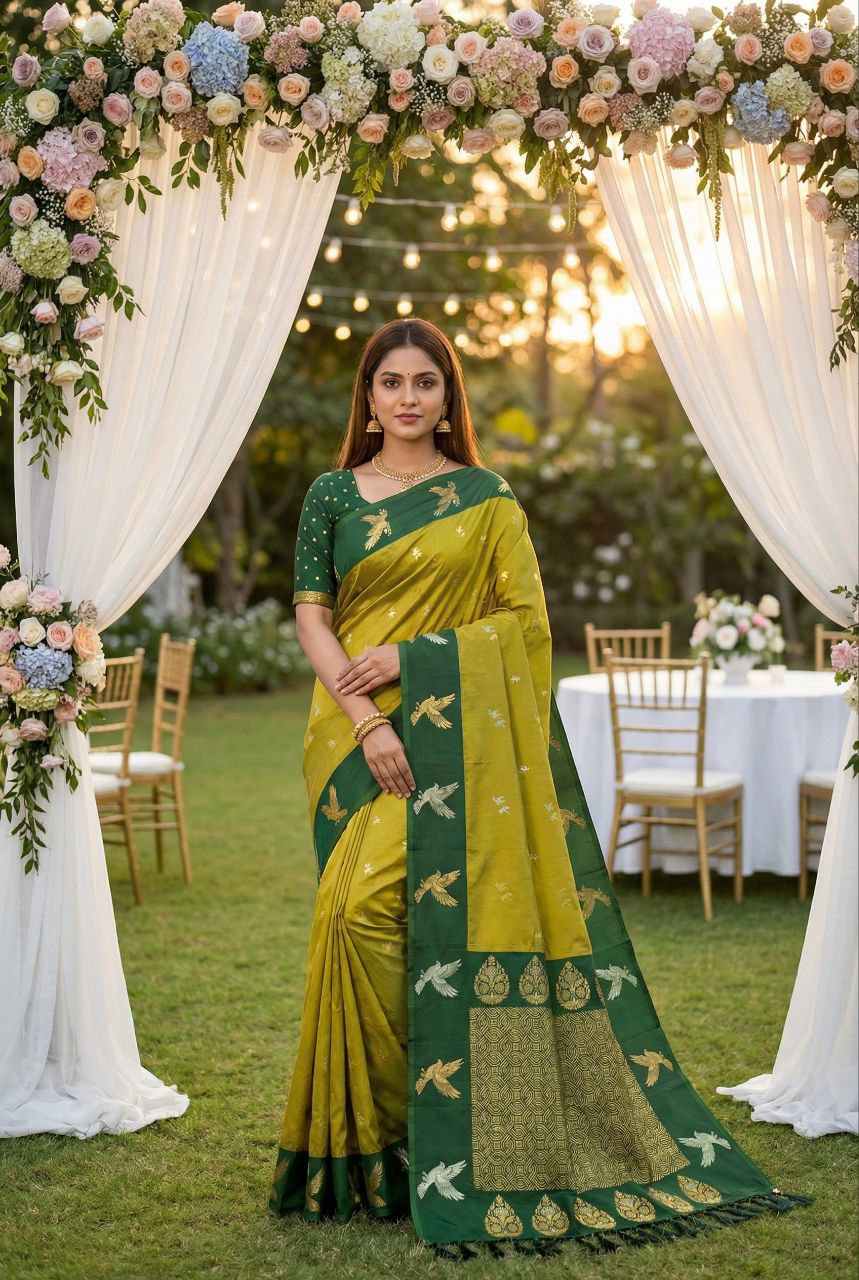 Mameraa Sarees Lemon Yellow Soft Silk Blend Saree With Zari Weaving Meenakari Design-Lemon_Yellow