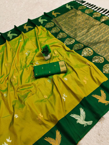 Mameraa Sarees Lemon Yellow Soft Silk Blend Saree With Zari Weaving Meenakari Design-Lemon_Yellow