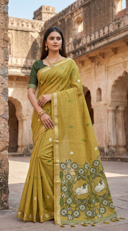 Mameraa Sarees Soft Pure Muga Cotton Saree With Meenakari Weaving Motifs And Contrast Blouse-Olive