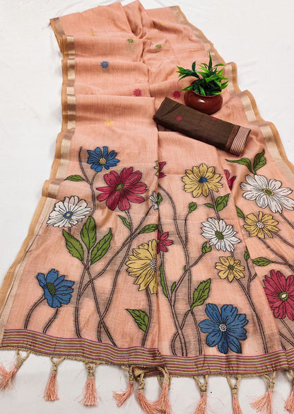 Mameraa Sarees Soft Pure Muga Cotton Saree With Meenakari Weaving Motifs And Contrast Blouse-Peach