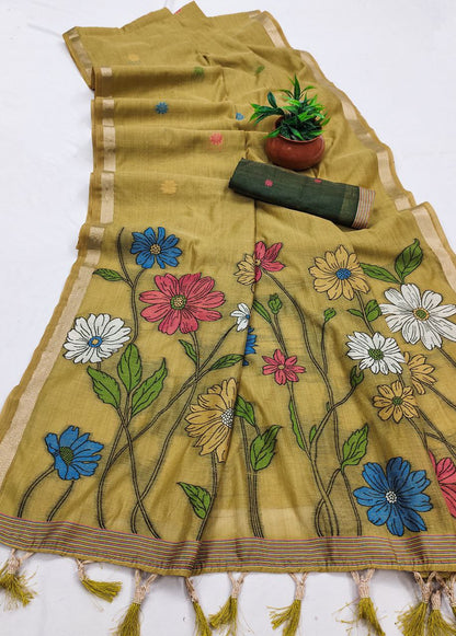 Mameraa Sarees Soft Pure Muga Cotton Saree With Meenakari Weaving Motifs And Contrast Blouse-Gold