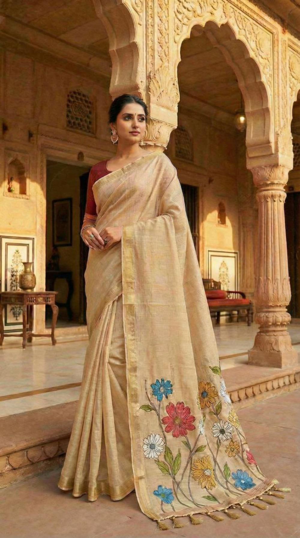 Mameraa Sarees Soft Pure Muga Cotton Saree With Meenakari Weaving Motifs And Contrast Blouse-Cream