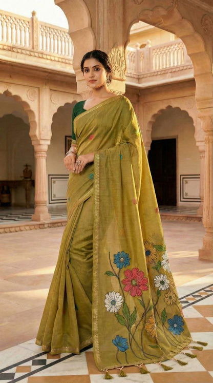 Mameraa Sarees Soft Pure Muga Cotton Saree With Meenakari Weaving Motifs And Contrast Blouse-Gold