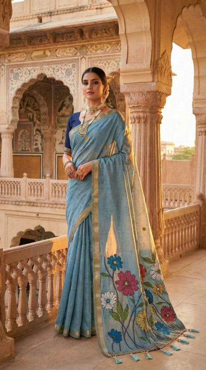 Mameraa Sarees Soft Pure Muga Cotton Saree With Meenakari Weaving Motifs And Contrast Blouse-Sky_Blue