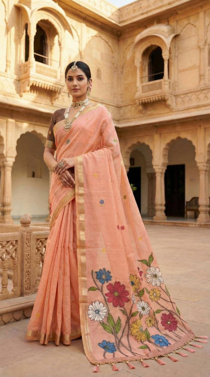 Mameraa Sarees Soft Pure Muga Cotton Saree With Meenakari Weaving Motifs And Contrast Blouse-Peach