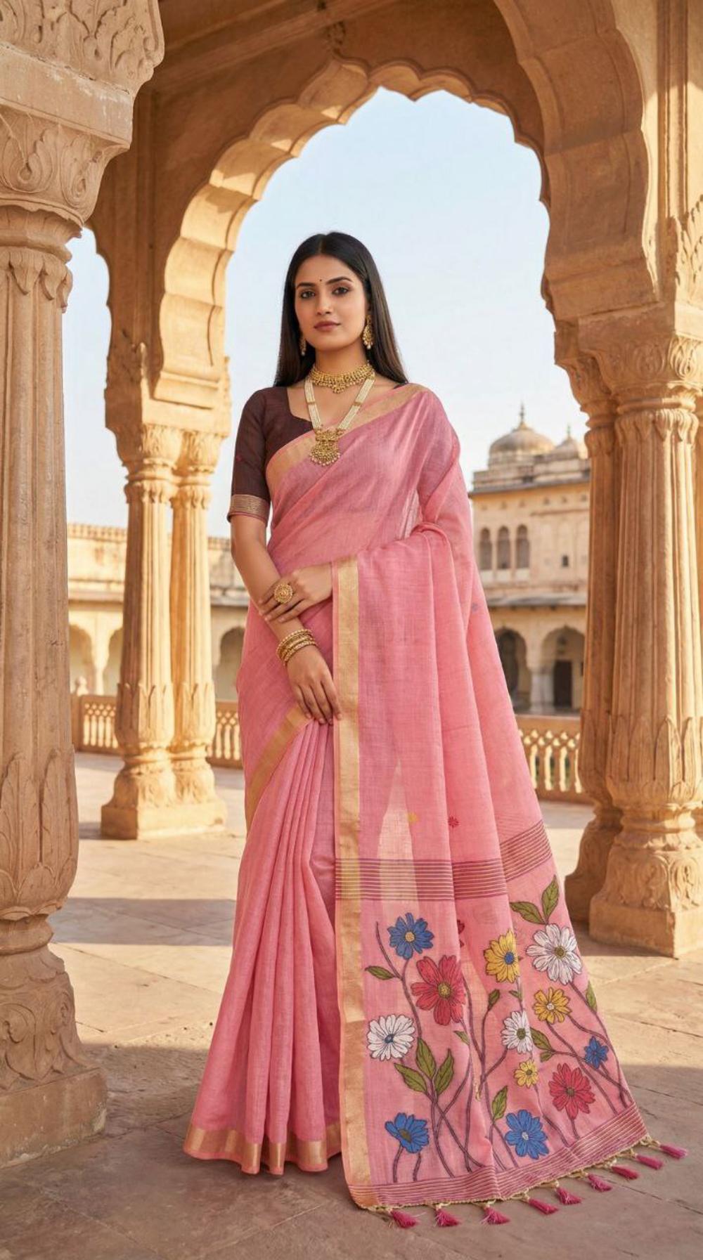 Mameraa Sarees Soft Pure Muga Cotton Saree With Meenakari Weaving Motifs And Contrast Blouse-Baby_Pink