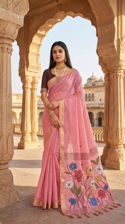 Mameraa Sarees Soft Pure Muga Cotton Saree With Meenakari Weaving Motifs And Contrast Blouse-Baby_Pink