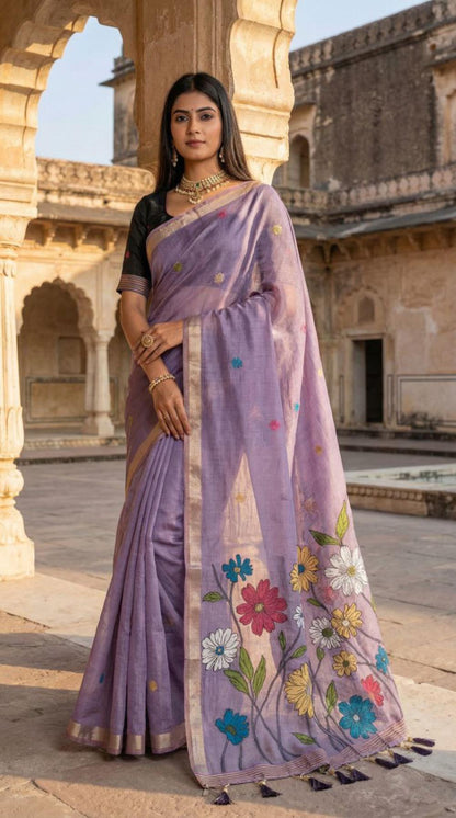 Mameraa Sarees Soft Pure Muga Cotton Saree With Meenakari Weaving Motifs And Contrast Blouse-Lavender