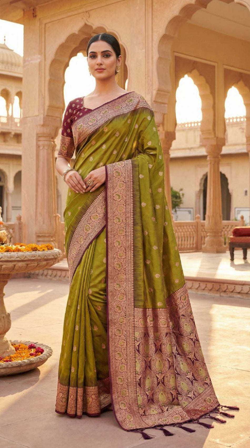 Mameraa Sarees Mehndi Soft Banarasi Silk Saree With Zari Weaving Meenakari Design-Mehendi