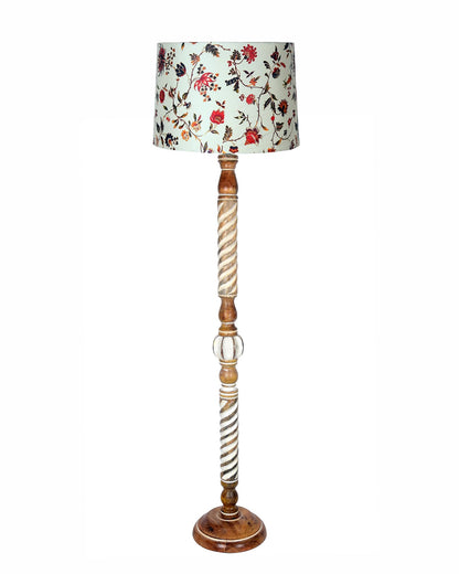 Wooden Floor Lamp with Spiral-Carved Design and Beige Fabric Shade - 142x30x27cm