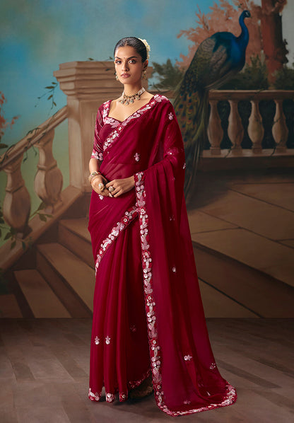 Monjolika Fashion Maroon Fancy Fabric Saree With Embroidered Work
