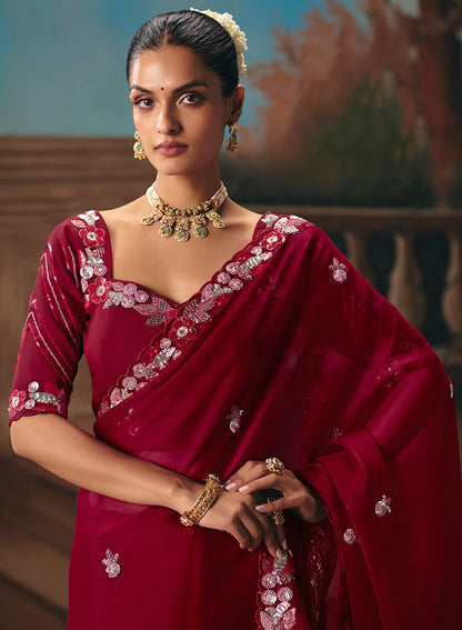 Monjolika Fashion Maroon Fancy Fabric Saree With Embroidered Work