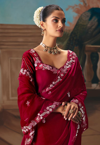Monjolika Fashion Maroon Fancy Fabric Saree With Embroidered Work