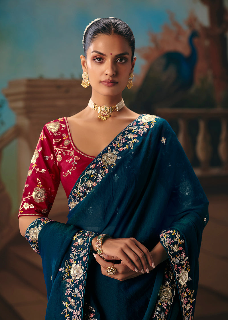 Monjolika Fashion Teal Blue Fancy Fabric Saree With Embroidered Work