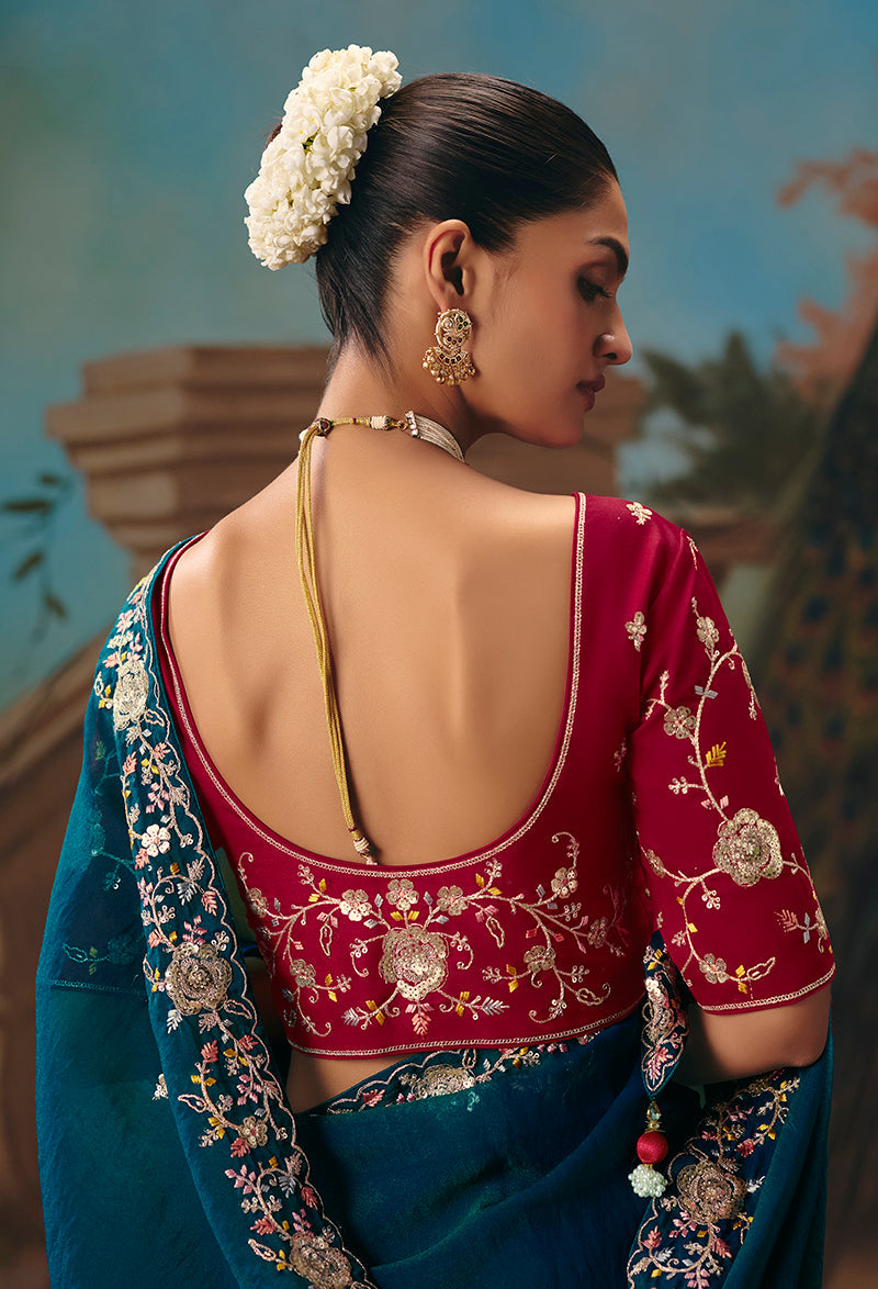 Monjolika Fashion Teal Blue Fancy Fabric Saree With Embroidered Work