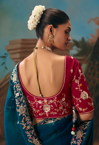 Monjolika Fashion Teal Blue Fancy Fabric Saree With Embroidered Work